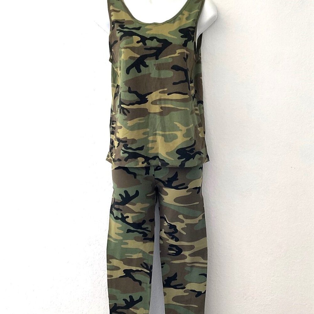 ROTHCO WOODLAND CAMO LEGGING & TANK TOP GYM WORKOUT CASUAL YOGA LOUNGE 2 PIECE